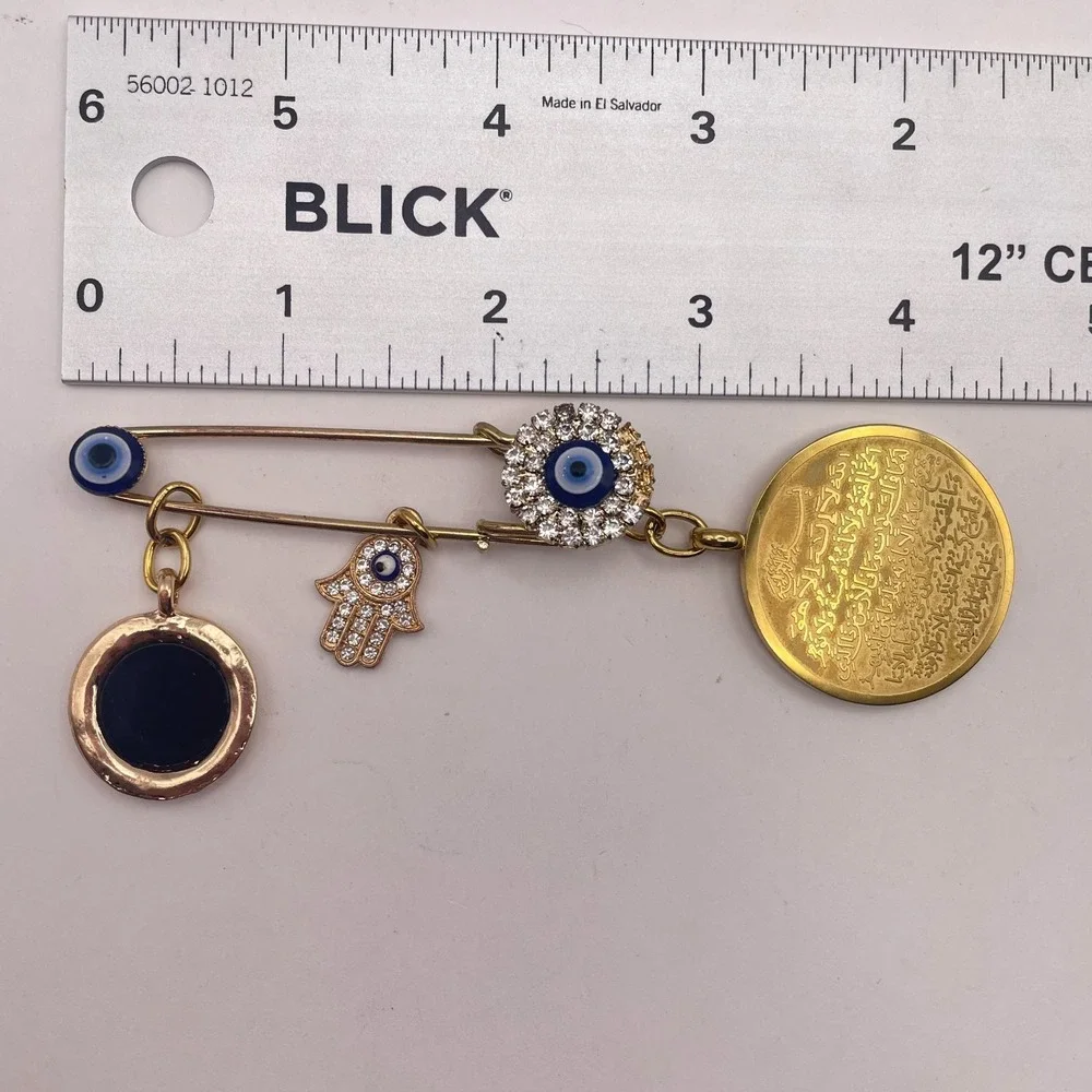 Vintage Gold Tone Islamic Allah Ayatul Kursi Coin Charm Brooch Evil Eye Hamsa